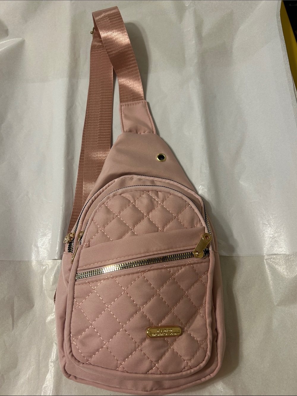 Quilted Pink Crossbody Sling Bag with Gold Accents